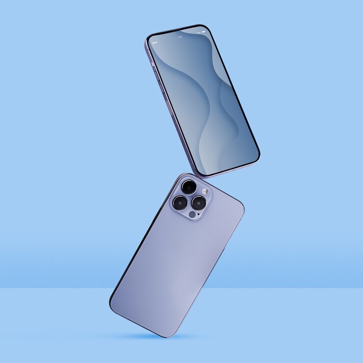 Foto smartphones equilibrando com fundo azul