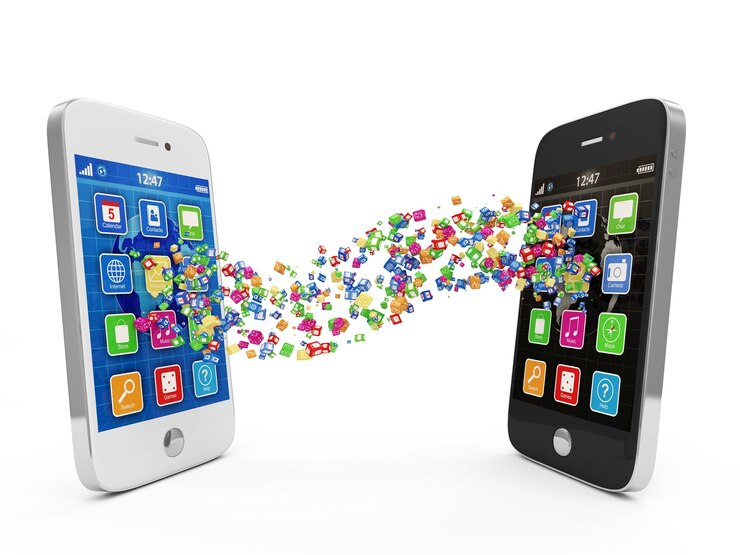 Foto smartphones con iconos de aplicaciones aislado sobre fondo blanco.
