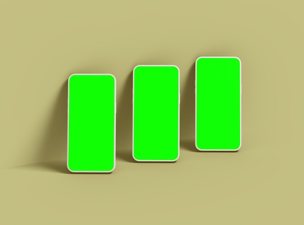 Smartphones sin marca con diseño de pantalla verde para el UIUX Product Showcase 3D Render