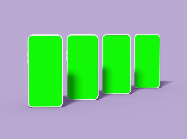 Foto smartphones sin marca con pantallas verdes para el uiux product showcase 3d render