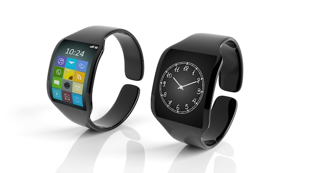 Smartwatch con reloj en pantalla aislado sobre fondo blanco.