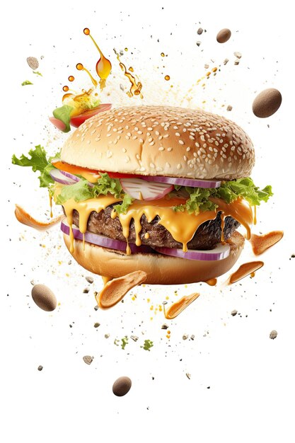 Smash Spill Cheeseburger Bun com vegetais caindo de cima em desenho animado de fundo branco