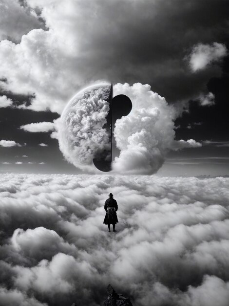 Foto smbolo yin yang son runas vikingas rodeadas de nubes en blanco y negro