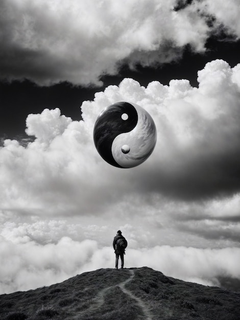 Foto smbolo yin yang son runas vikingas rodeadas de nubes en blanco y negro