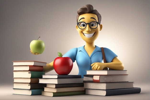 Smiley-Lehrer hält einen Haufen Bücher und einen Apfel am Weltlehrertag