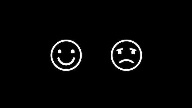 Smiley triste y feliz Emoticon blanco con expresión alegre y triste en un fondo negro renderizado en 3D