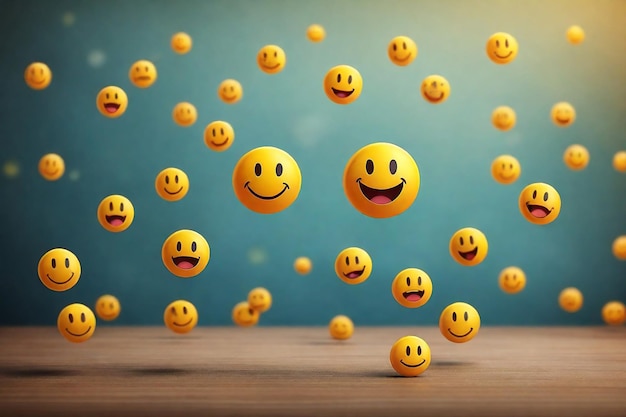 Smileys com diferentes emoções em mesa de madeira renderização 3D