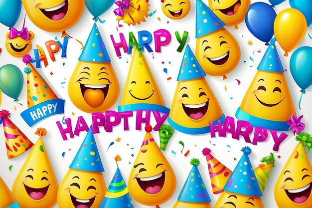 Foto smileys geburtstags-vektor-grußentwurf mit gelben lustigen und glücklichen emoticons mit farbenfrohen partyhüten und glückwunsch-text mit weißem leeren hintergrund