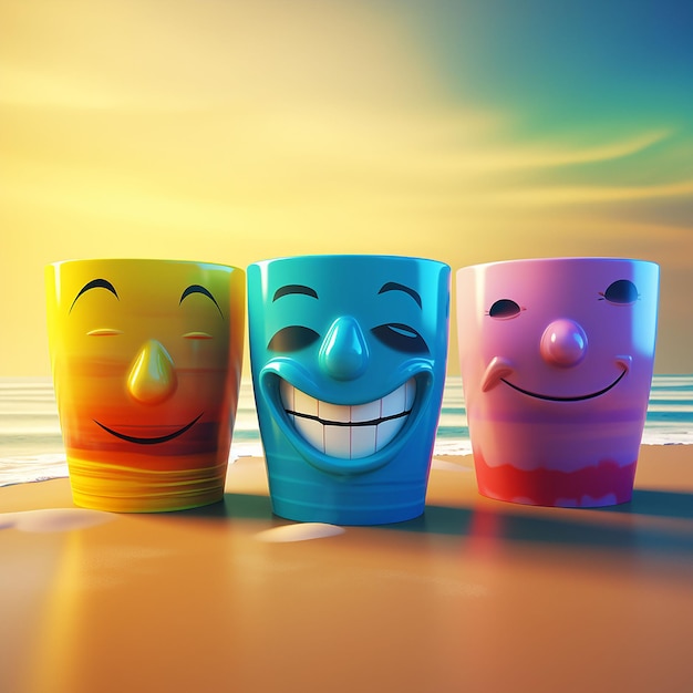 Foto smileys na praia ao pôr do sol ilustração 3d