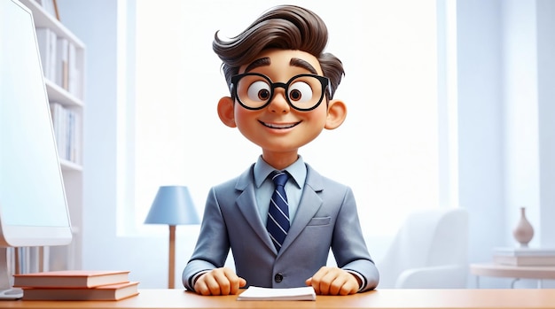 Smiling cartoon businessman in glasses at his desk