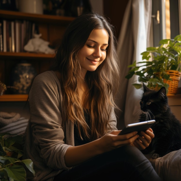 Foto smiling girl is resting while dog looking camera generative ai