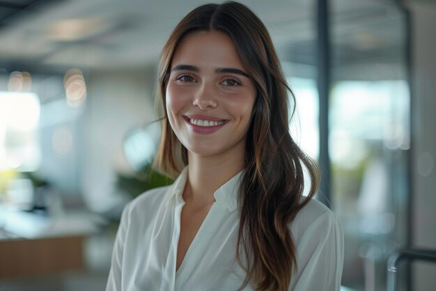 Foto smiling person young standing together portrait of staff inside modern job smiling to camera