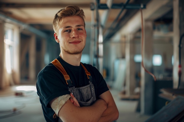 Foto smiling person young standing together portrait of staff inside modern job smiling to camera