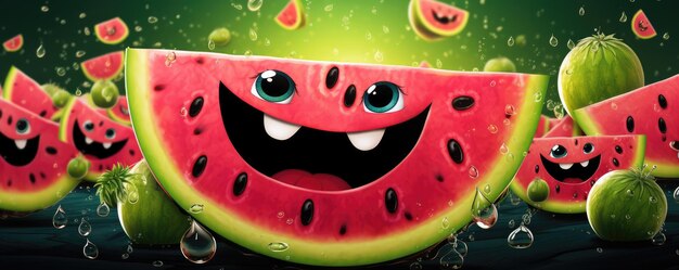 Smiling rote frische Wassermelone mit schwarzen Samen im Sommer gesunde Nahrung Panorama Generative Ai