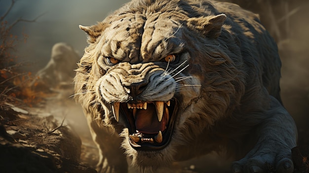 Smilodon em close-up com dentes longos e curvos Tigre dente de sabre
