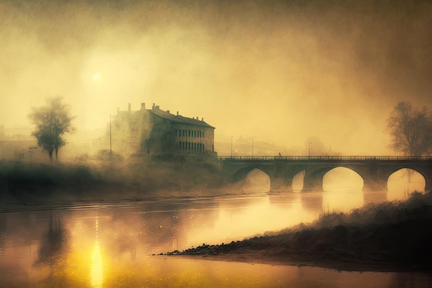 Smog sucio y denso en la orilla del amanecer en la neblina sobre el río