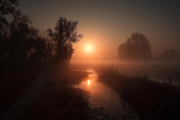 Smogiger Sonnenuntergang, während die Sonne durch den dichten Nebel lugt