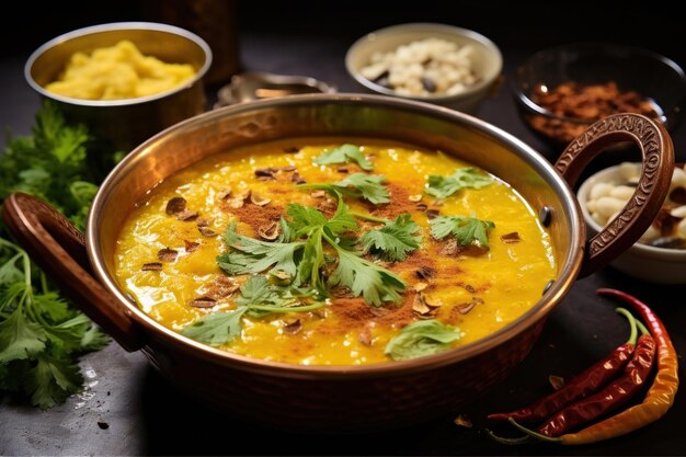 Foto smokey e estilo restaurante dal tadka temperado com ghee e especiarias