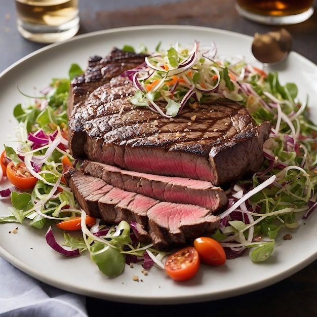 Smoky Sirloin Steak, selten gekocht und mit einem frischen knusprigen Salat serviert Ai Generated