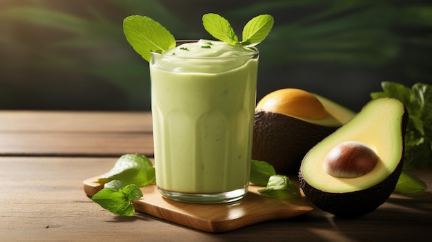 Foto smoothie de aguacate con menta en una mesa de madera