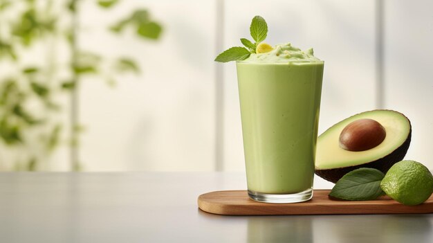 Smoothie de aguacate en un vaso con aguacate y lima en una tabla de madera