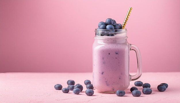 Foto smoothie de arándano o batido de leche en frasco de vidrio en una mesa rosada deliciosa bebida refrescante