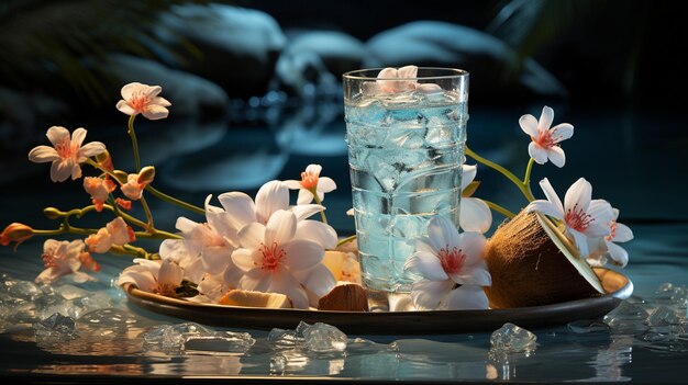Smoothie auf einem Strand auf einer Kokosnuss mit tropischen Blumen und Getränk
