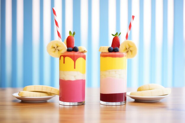 Smoothie de bayas dúo de diferentes capas de colores rebanadas de plátano