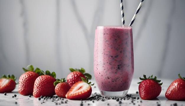 Smoothie de bayas con fresas y semillas de chía con fondo de mármol