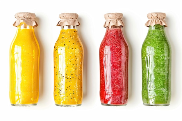 Smoothie en botellas de vidrio coloridas aisladas sobre un fondo blanco