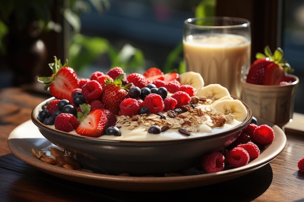 Smoothie Bowl decorado con frutas y granola servido en un balcón soleado generativo IA