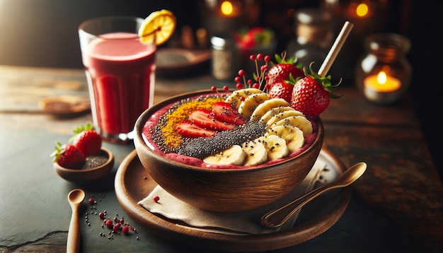 Smoothie Bowl e Suco na Mesa do Restaurante