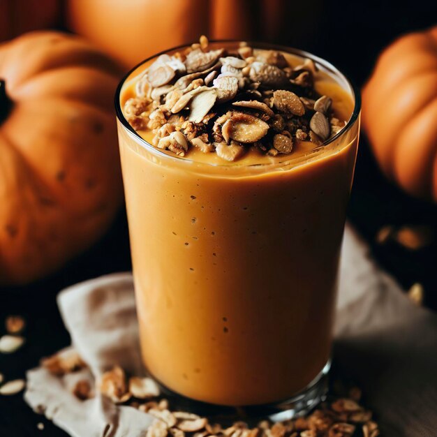 Smoothie de calabaza con granola en la parte superior