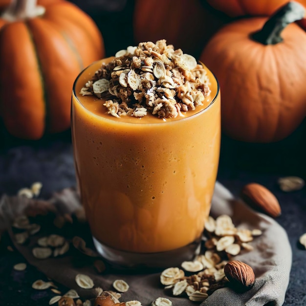 Smoothie de calabaza con granola en la parte superior