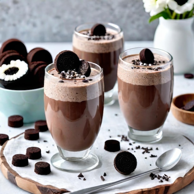 Smoothie de chocolate Oreo con oreo triturado sobre un fondo de madera blanca