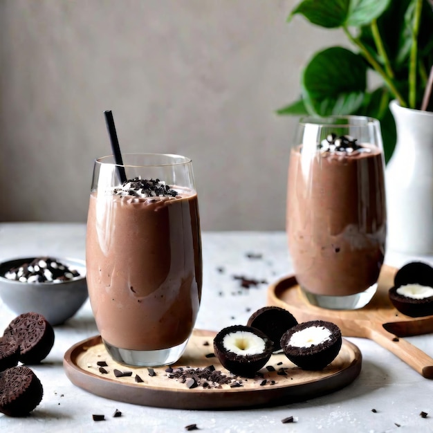 Smoothie de chocolate Oreo con oreo triturado sobre un fondo de madera blanca