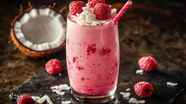 Smoothie de coco de frambuesa servido en un vaso con ingredientes en una superficie oscura