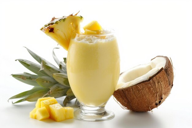 Smoothie de coco, mango y piña sobre un fondo blanco