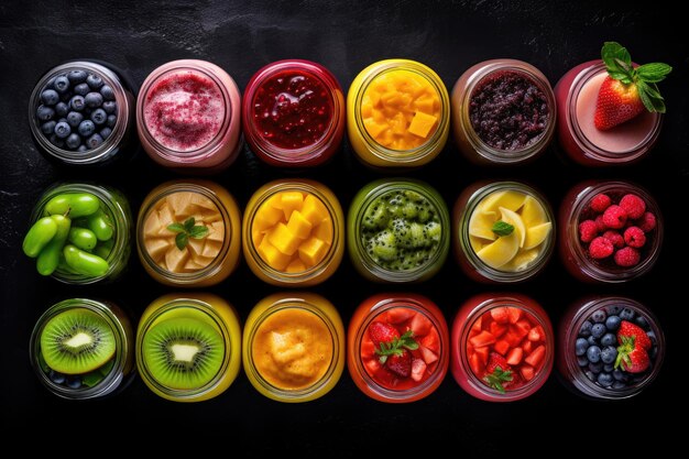 Smoothie colorido do arco-íris feito de frutas tropicais frescas, como kiwi, manga, morango, uvas e dr.