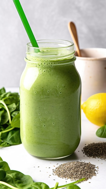 Smoothie cremoso Green Goddess Delight com espinafre, abacate e leite de amêndoa, uma mistura nutritiva de bondade verde