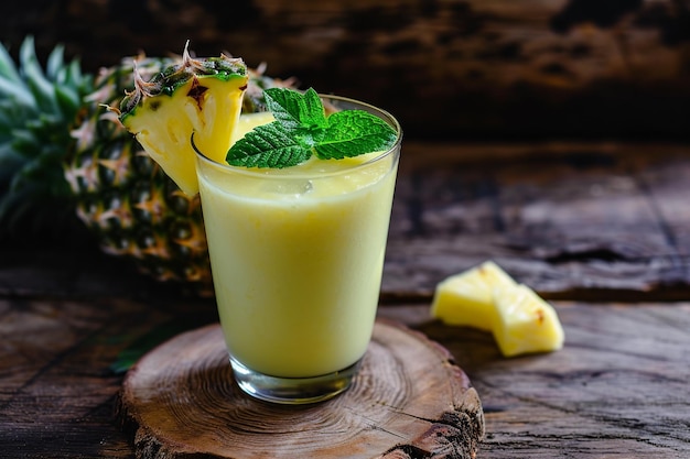 Foto smoothie de abacaxi com menta em fundo rústico