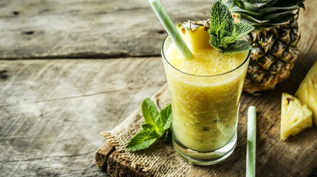 Foto smoothie de abacaxi com menta em fundo rústico