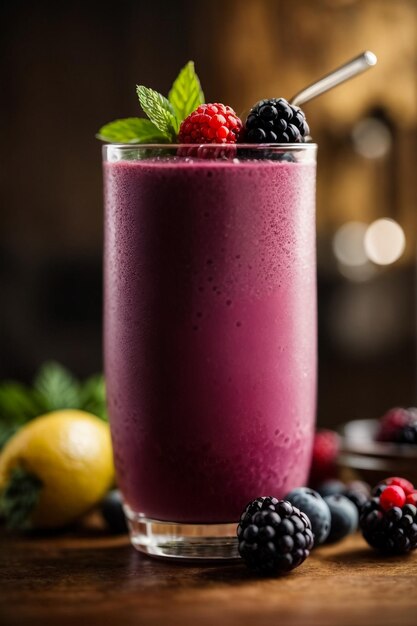 smoothie de bagas em uma mesa de madeira