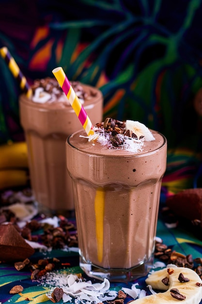 Smoothie de banana de chocolate com coco e flocos de coco