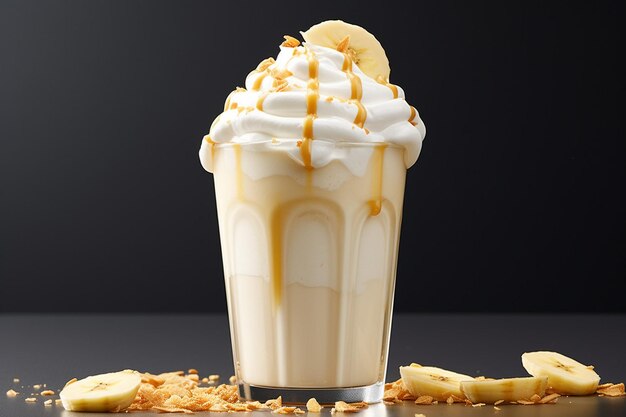 Foto smoothie de banana ou iogurte em copo com bananas