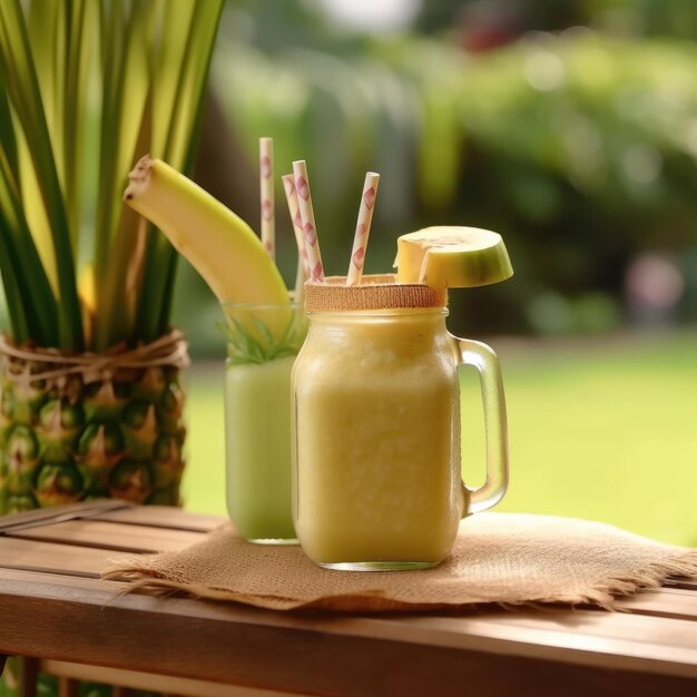 Foto smoothie de cana-de-açúcar com fundo de jardim