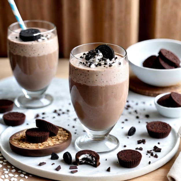 Smoothie de chocolate Oreo com oreo triturado em um fundo de madeira branca