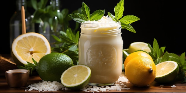 Smoothie de coco de limão de verão em um vaso de vidro com ingredientes espalhados Vista lateral com um fundo de madeira escura