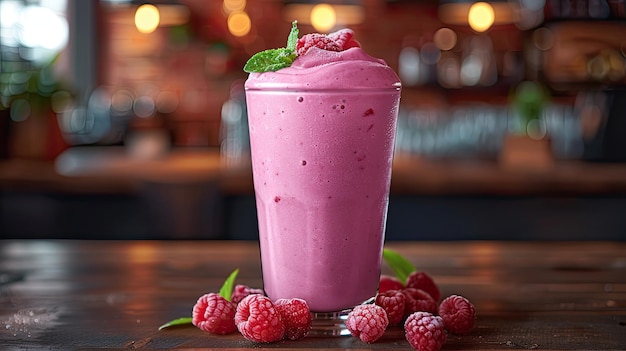 Smoothie de framboesa num copo com framboesas frescas