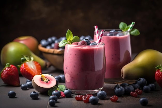 Smoothie de frutas berry refrescante bebida vegana em copos em uma mesa com frutas Generative AI